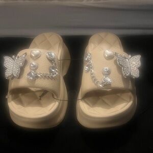 Embellished Cream Slides with Silver Accents